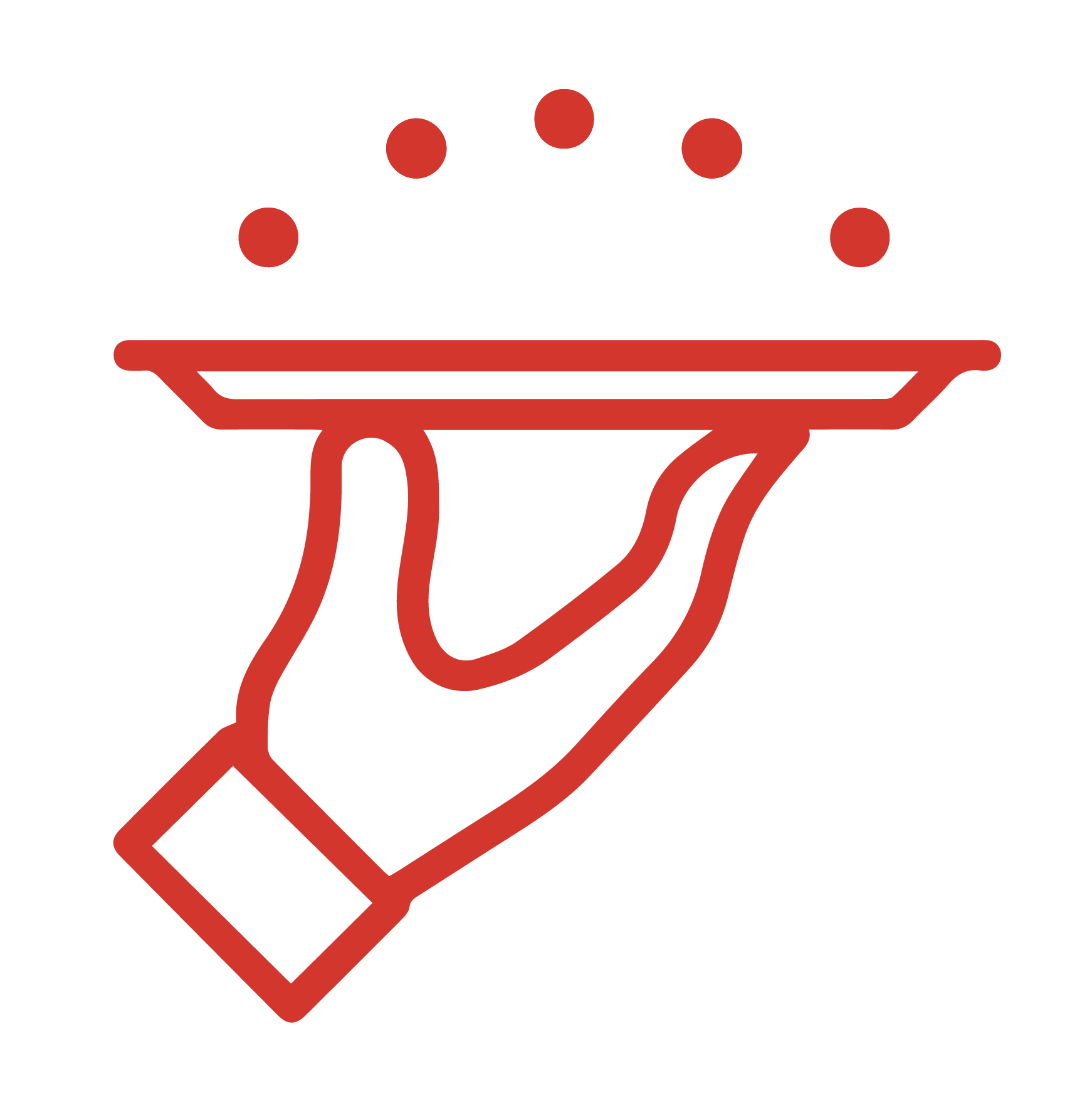 Line drawing of a hand holding a tray with six small round objects, likely food items or toppings.