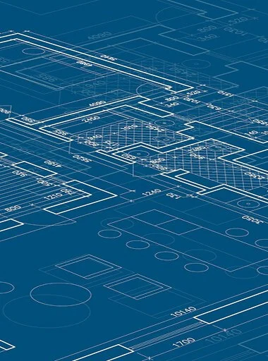 Blueprint drawing with technical architectural markings and measurements on a blue background.