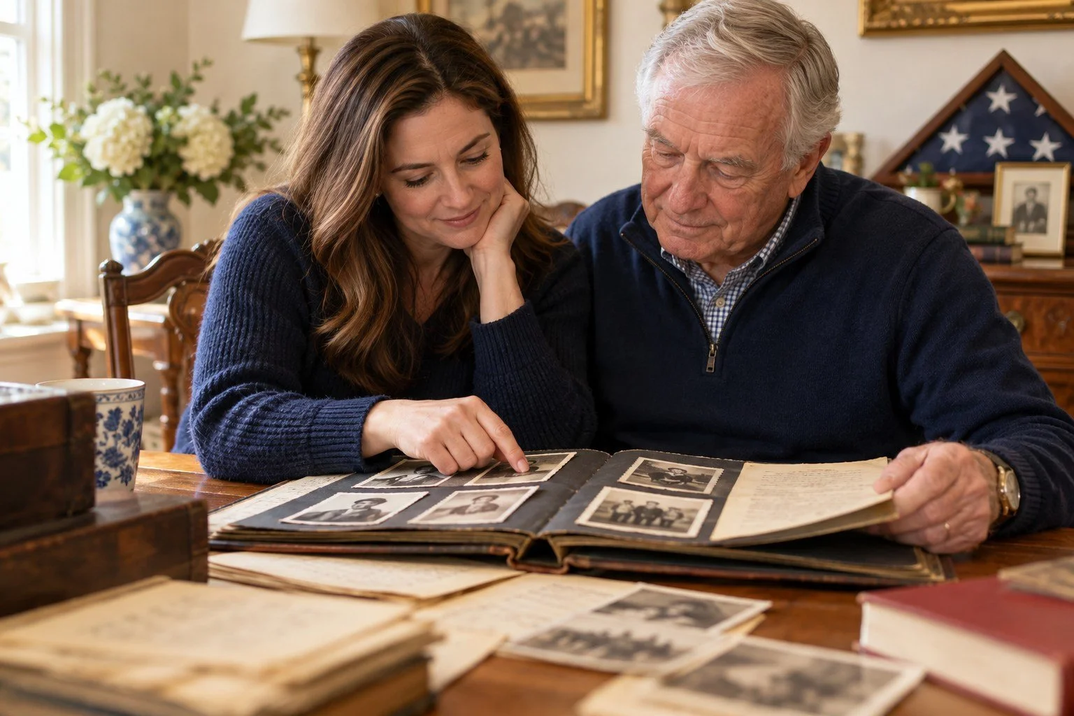 Illustrative father and adult daughter reading a family service-history album together.