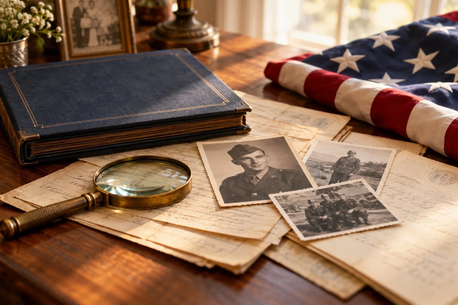 Illustrative archival papers, military service photographs, a navy album, and an American flag.