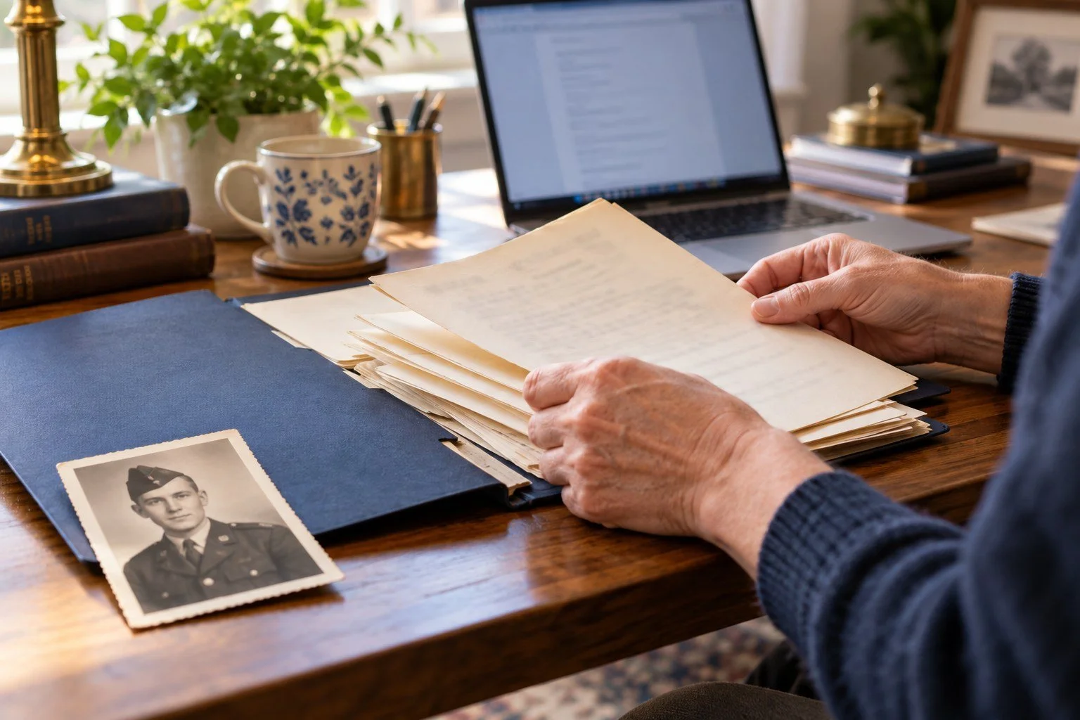 Illustrative hands organizing records beside a laptop to prepare a request.