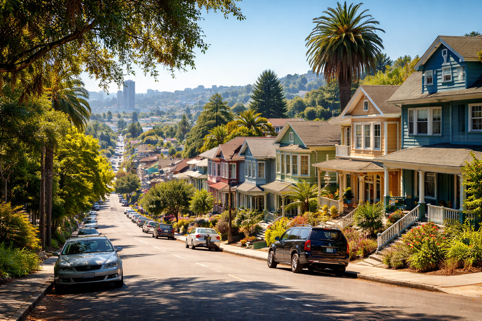 Colorful houses in a hillside neighborhood with a street lined with parked cars, tropical trees, and distant cityscape.