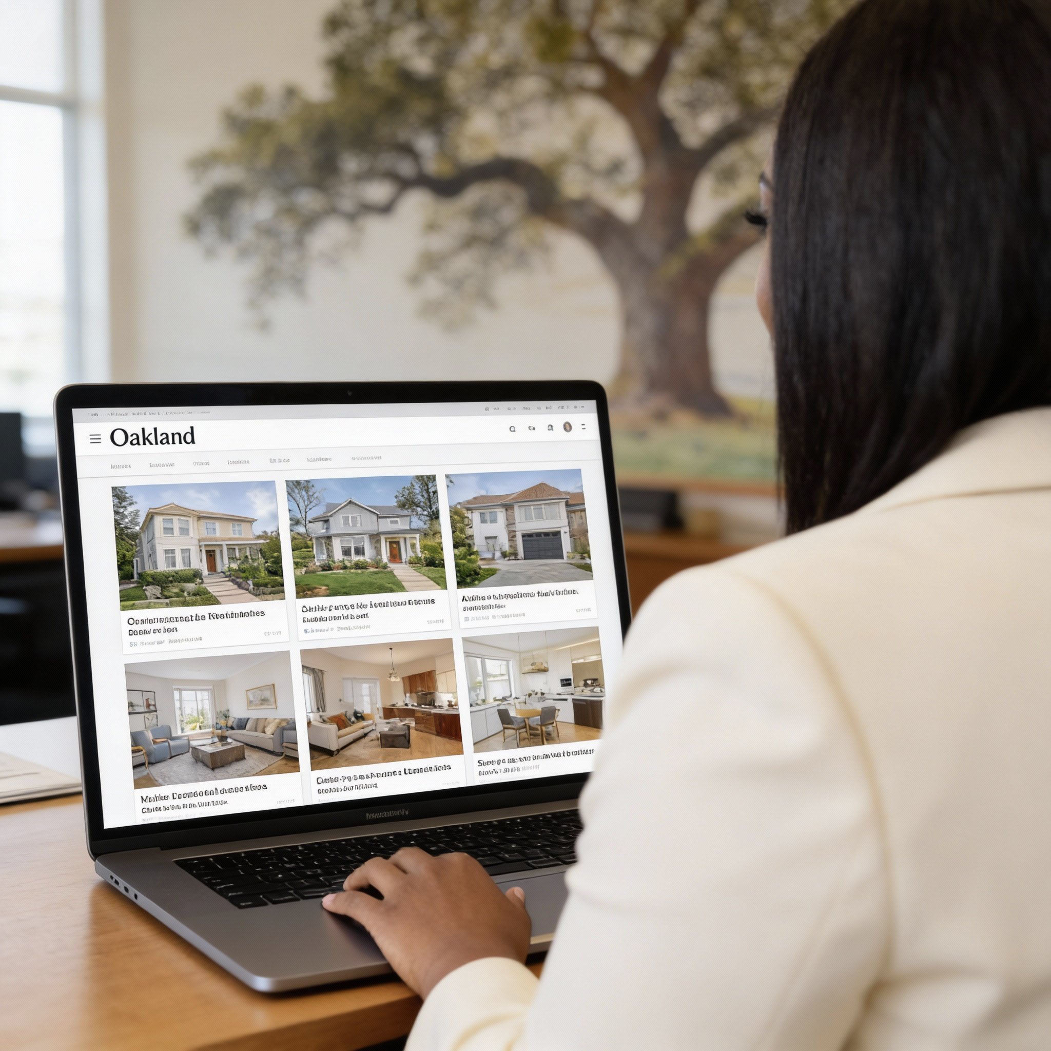 A woman wearing a white blazer using a laptop to browse real estate listings for houses in Oakland.