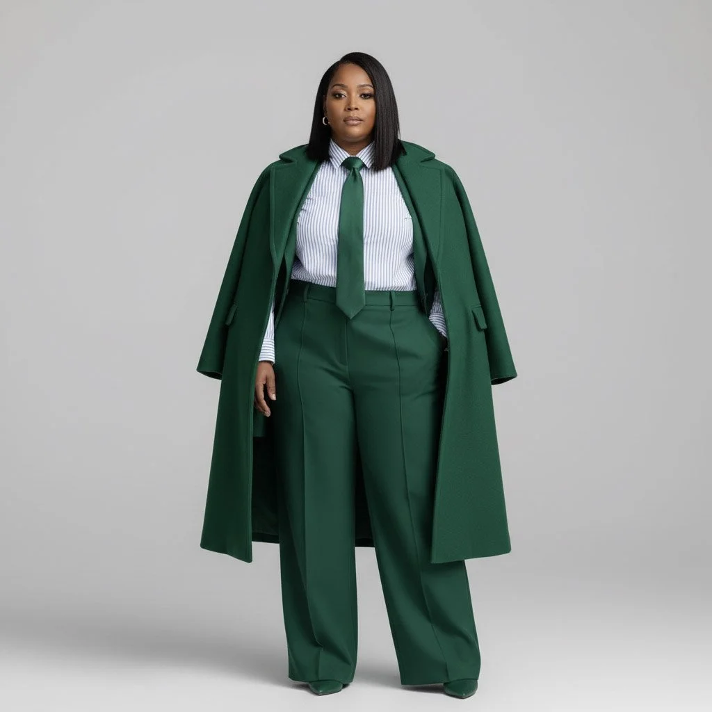 A woman standing against a plain gray background, dressed in a stylish green suit with a matching coat draped over her shoulders, white and blue striped shirt, and green tie.