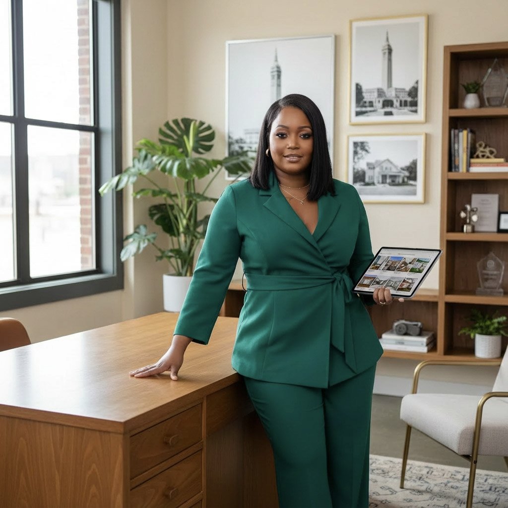 A woman in a teal suit holding a tablet stands in an office with framed pictures of buildings on the wall behind her and a large window to her left. There is a wooden desk beside her and a white chair with golden arms.