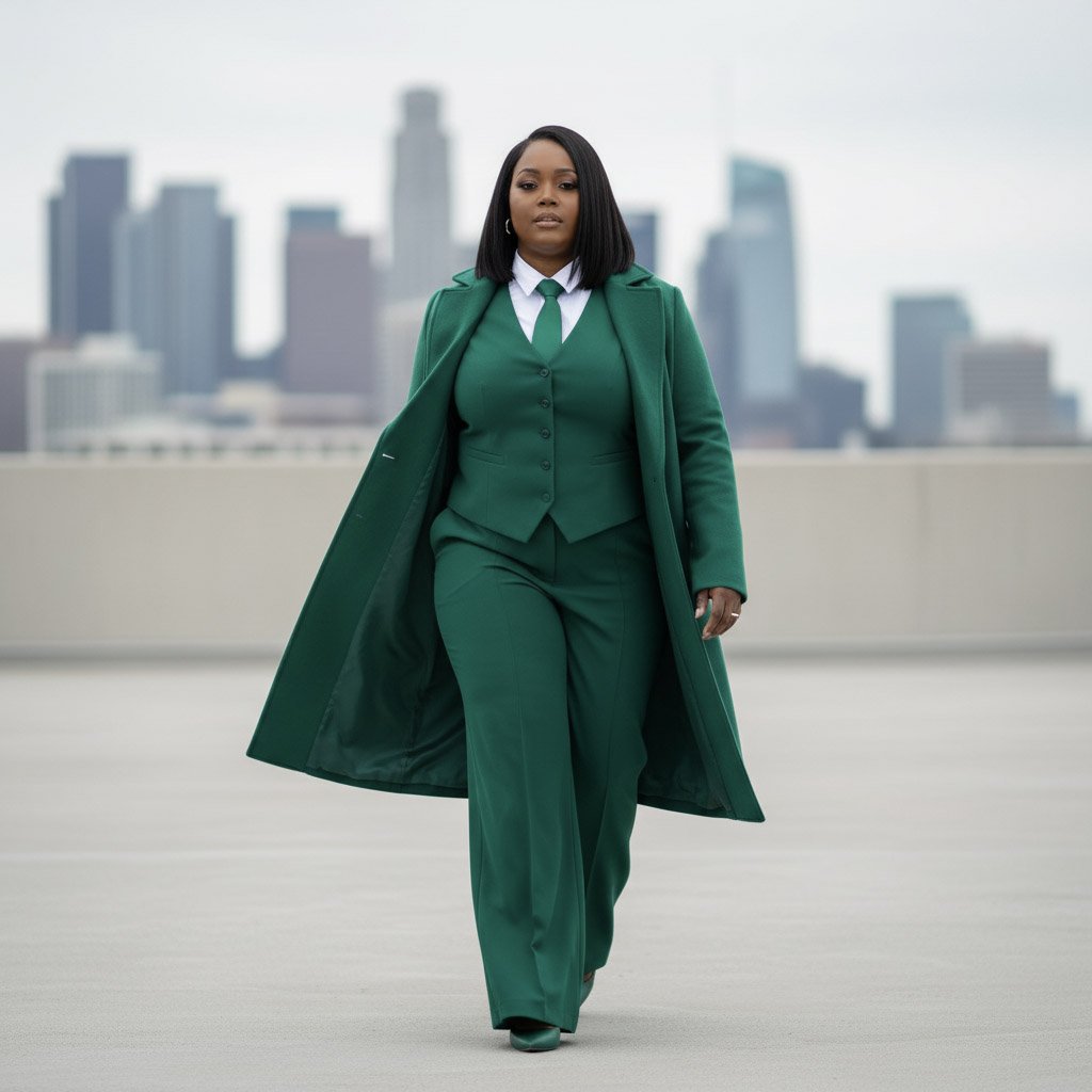 A woman walking on a rooftop with a city skyline in the background, dressed in a green suit and overcoat.