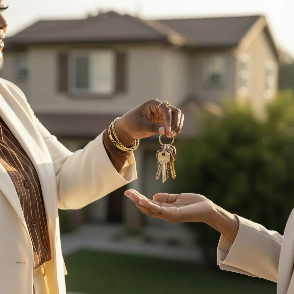 Person handing over house keys to another person in front of a house