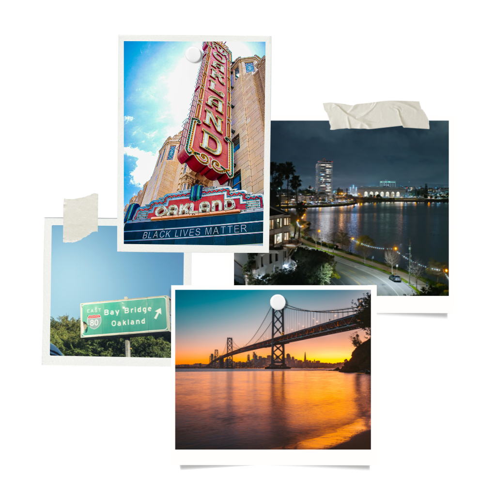 Collage of images from Oakland, California, including a sign for the Oakland Fox Theater with a 'Black Lives Matter' message, a cityscape by the water at night, the Bay Bridge at sunset, and a highway sign for the Bay Bridge and Oakland.
