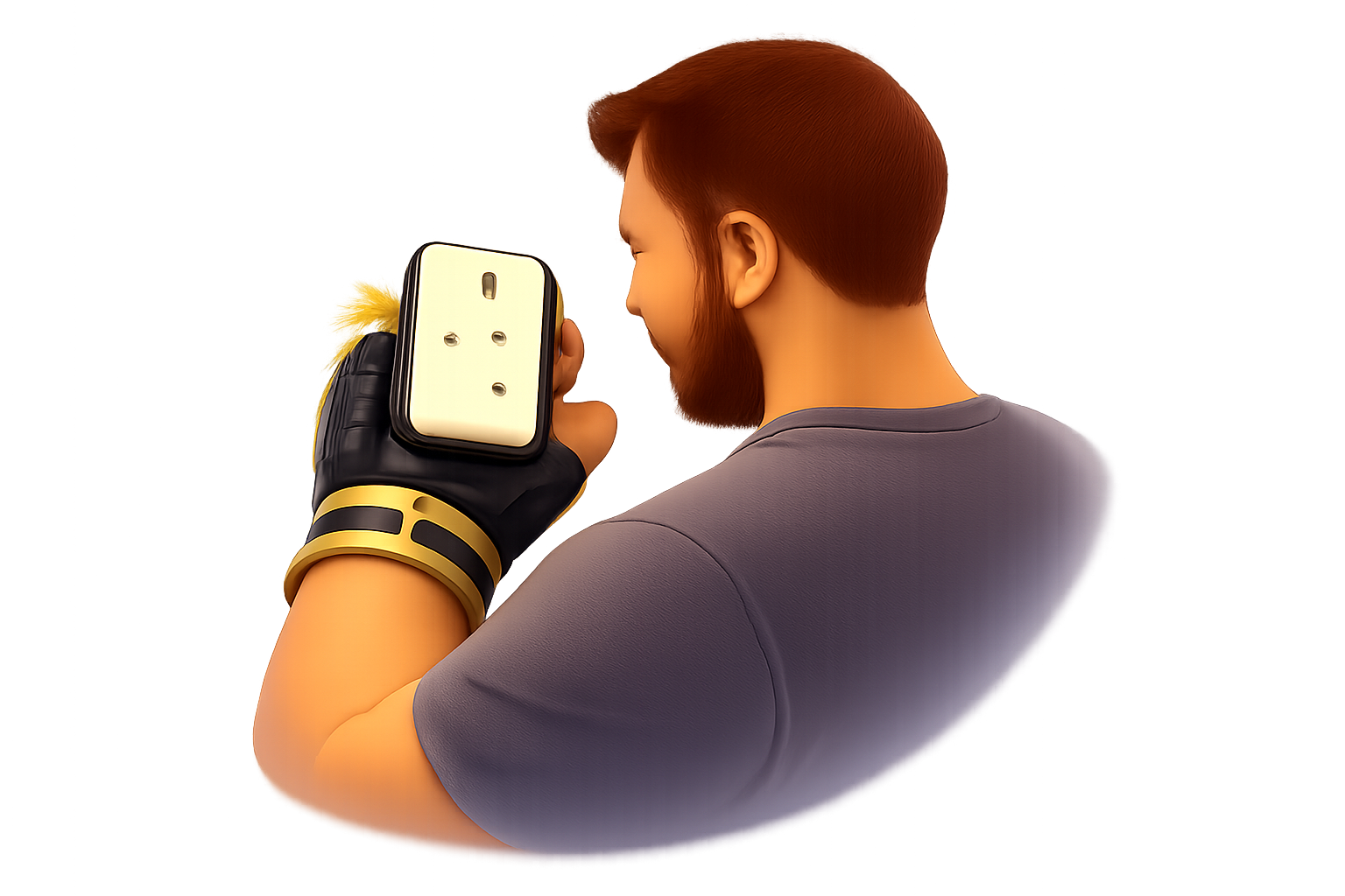 A man with a beard and short hair, wearing a gray shirt and black gloves with yellow accents, is holding a white device with three holes close to his face, smiling while looking at it.