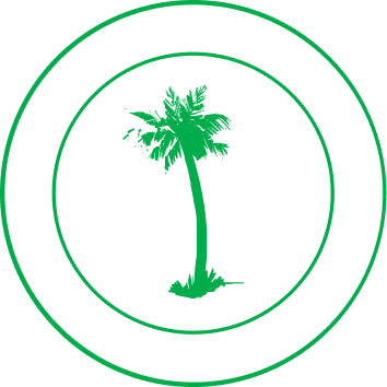 A radar display with a green silhouette of a palm tree at the center and concentric rings around it.