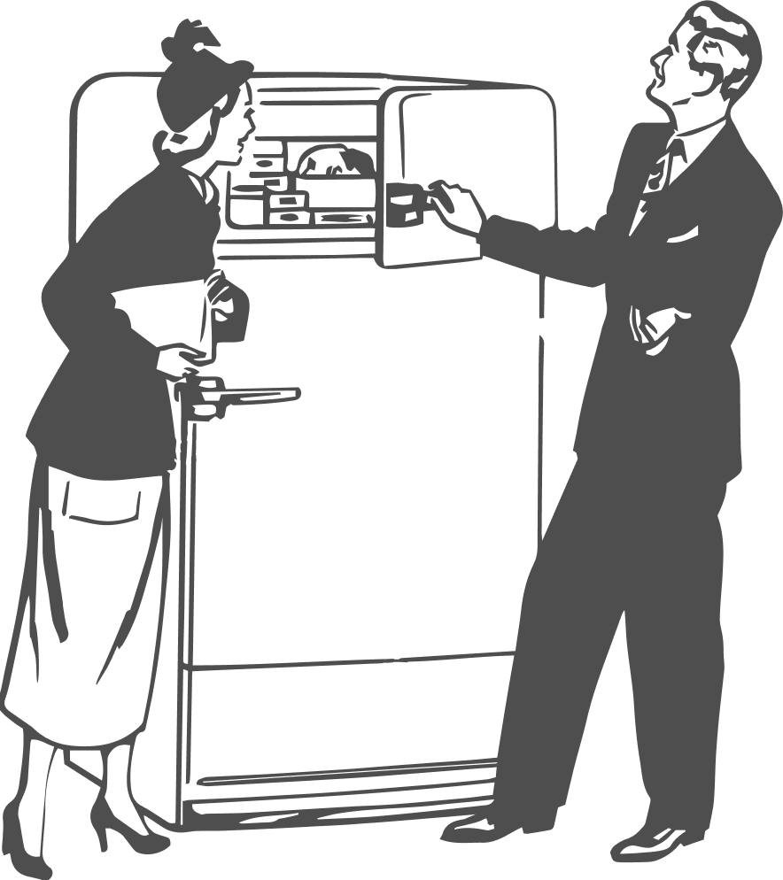 A woman and a man standing next to a refrigerator, with the woman holding a tray and the man reaching inside the refrigerator.