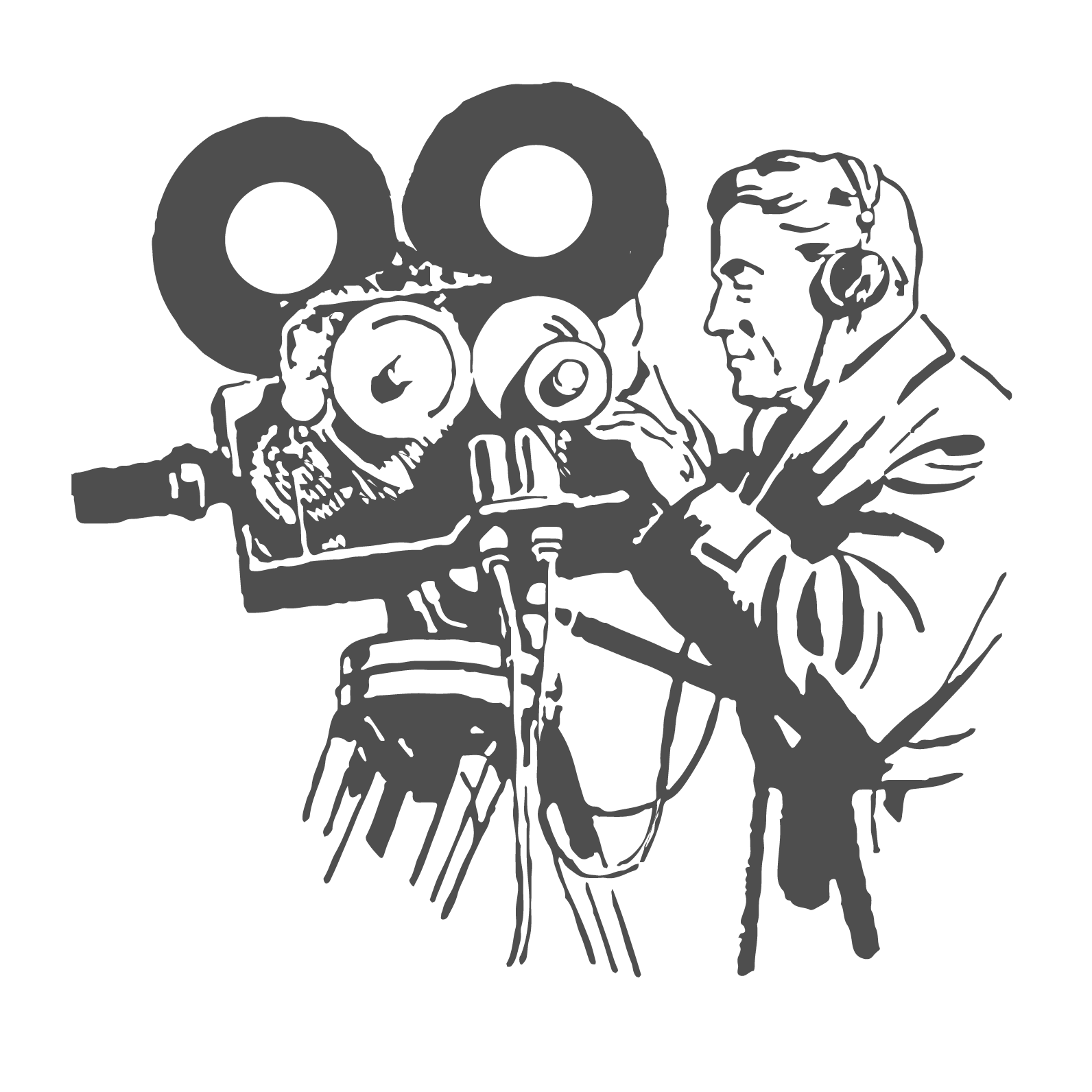 Black and white drawing of a man operating a vintage film camera.