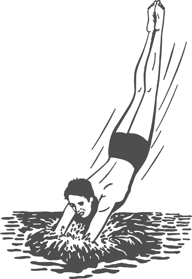 Silhouette of a woman diving into water with arms extended downward.