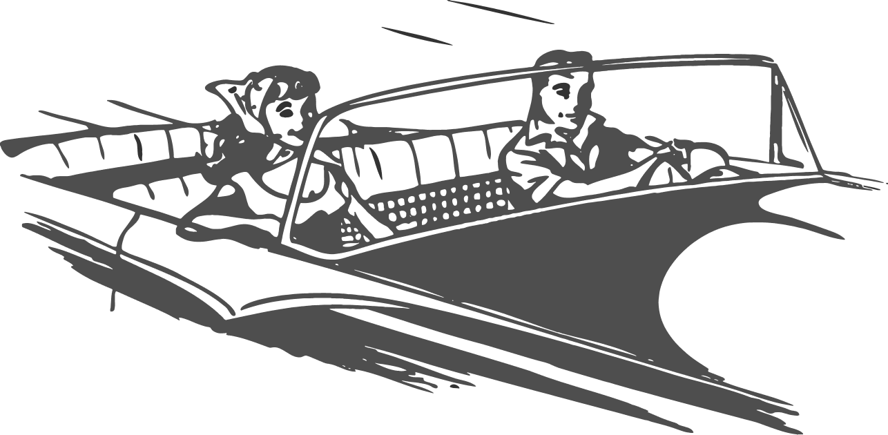 A black and white outline of a vintage car with two children in the front seats, one driving and the other in the passenger seat, both with their hands on the steering wheel.