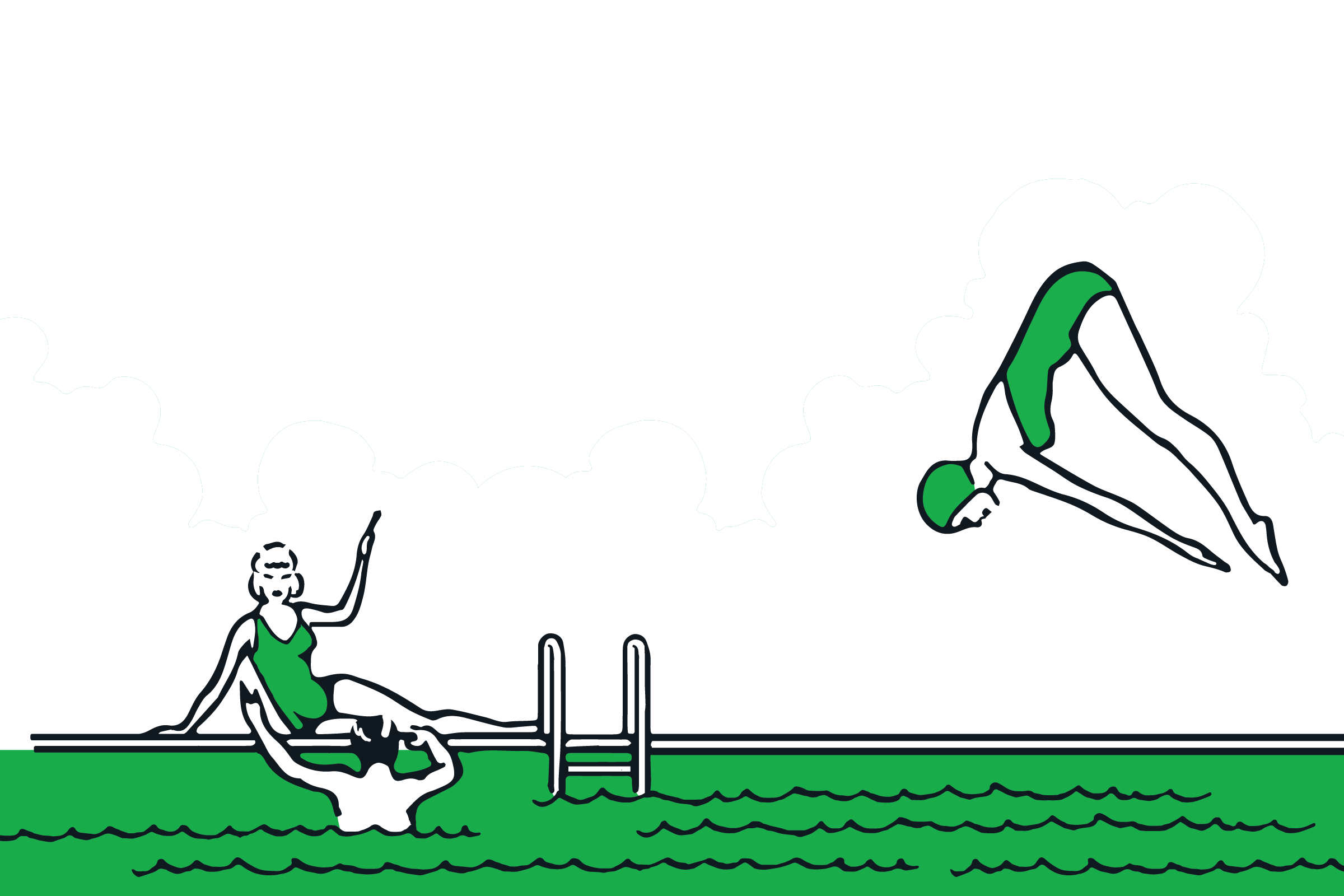 Illustration of a person diving into a swimming pool, with another person sitting poolside waving, both wearing green swimsuits.