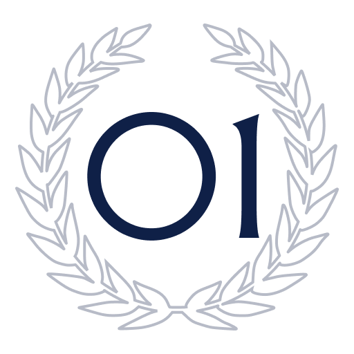 A dark blue laurel wreath surrounds the number 01 in the center.