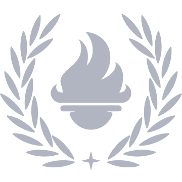 A logo featuring a stylized flame surrounded by laurel branches.
