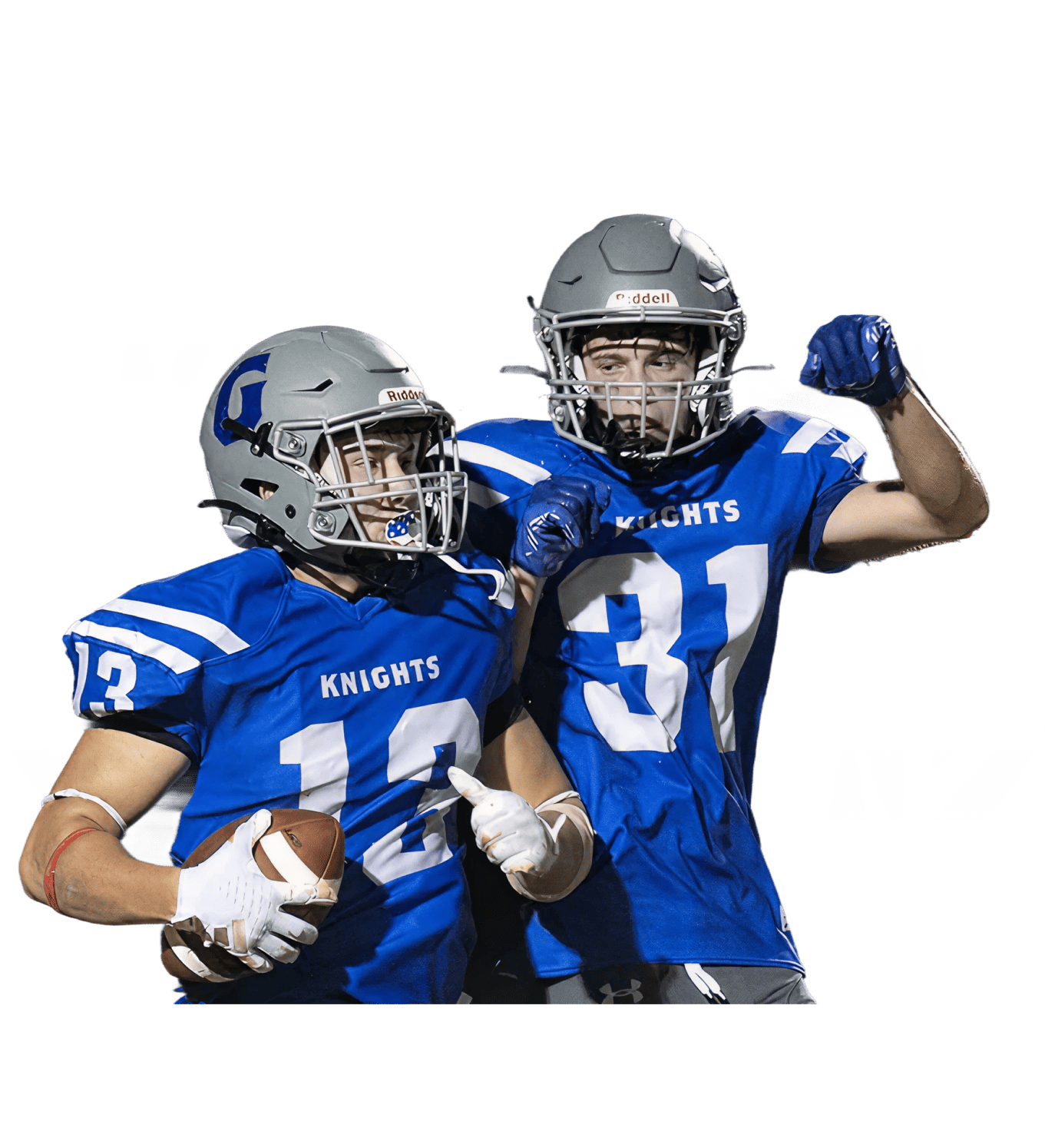 Two American football players in blue jerseys celebrating, one holding a football, with white and black background and white abstract leaf shapes.