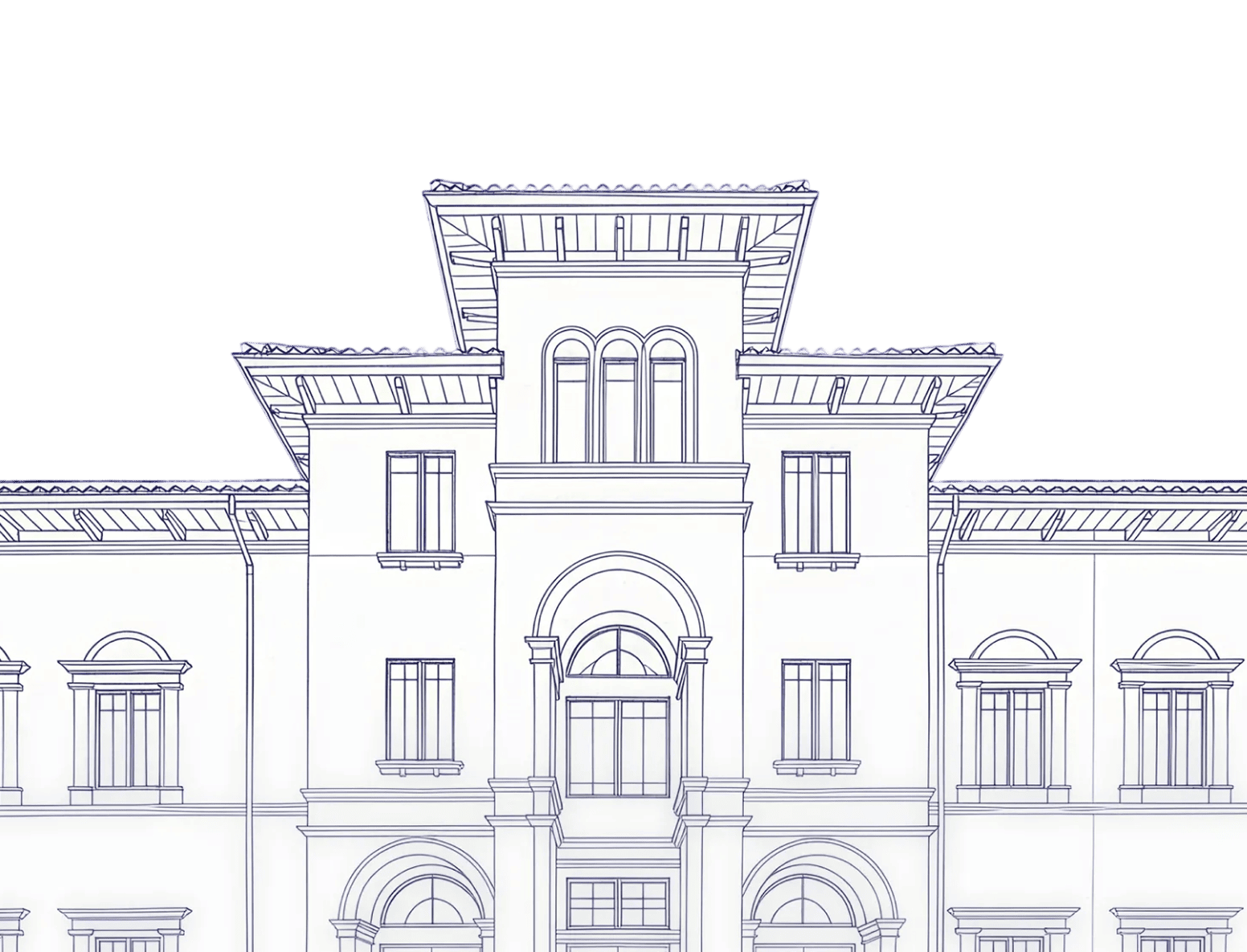 Blueprint-style line drawing of a large, multi-story building with arched windows and a central entrance.