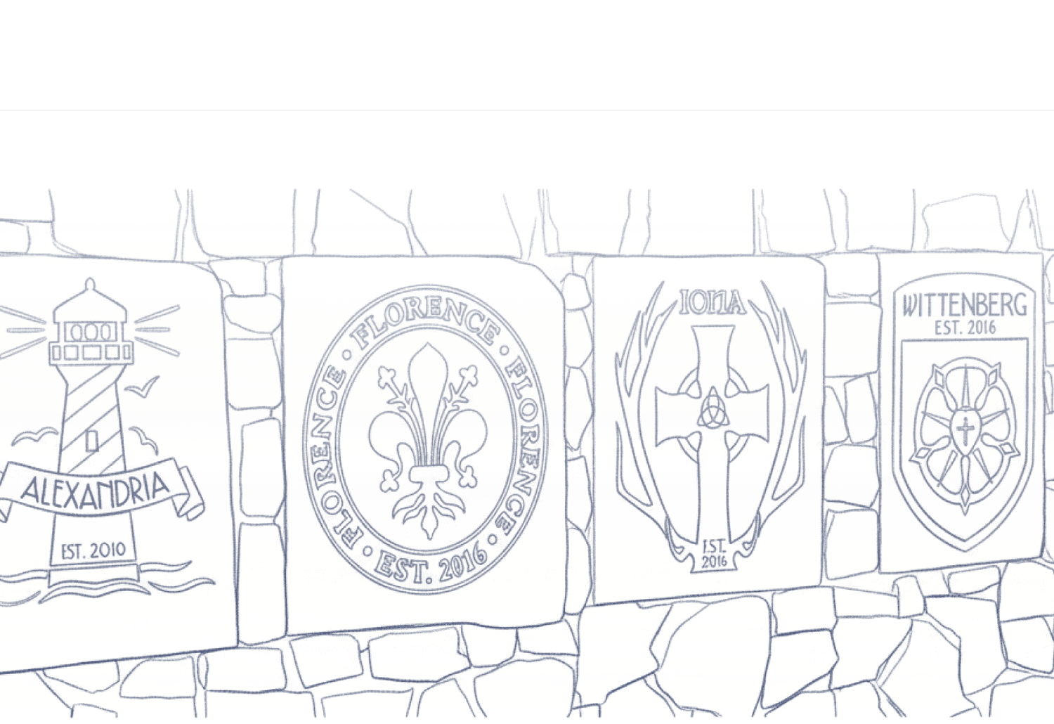 Line drawing of four memorial plaques mounted on a stone wall, each with a different design and text.