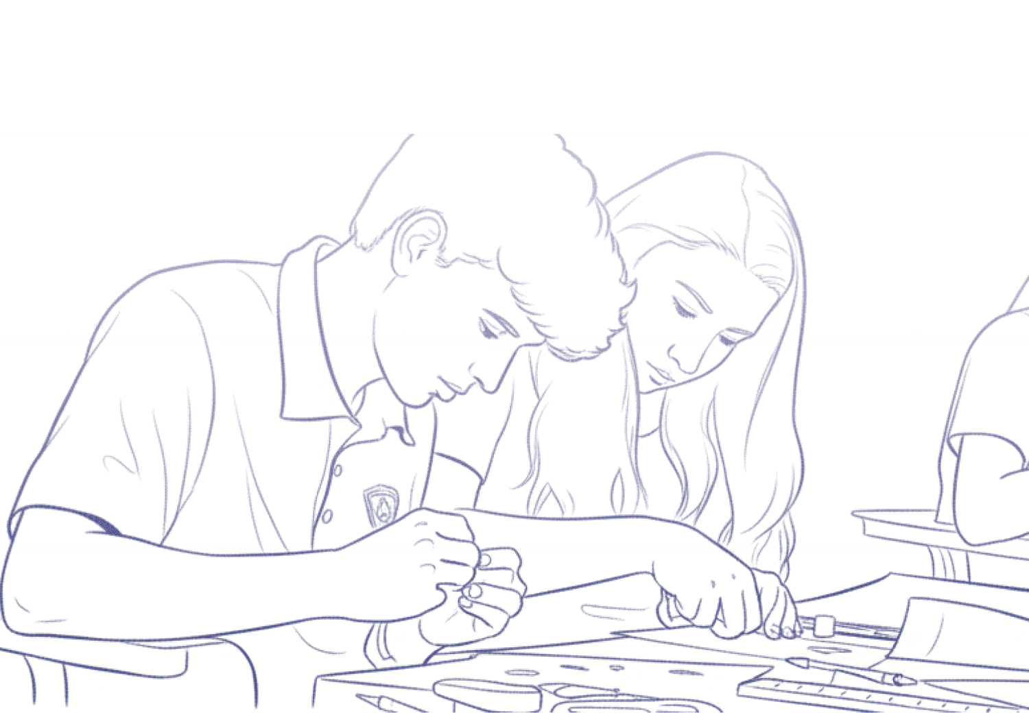 Line drawing of two students working together at a desk, examining something closely.