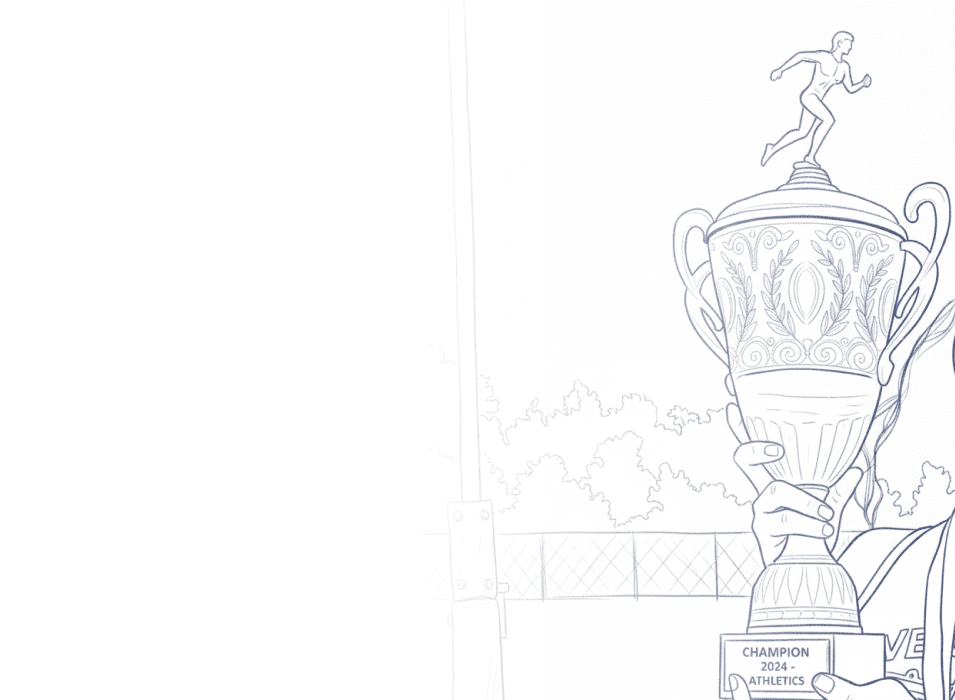 A hand holding a trophy with the words "Champion 2024 Athletics" on the plaque, and a figure of a person running on top of the trophy.