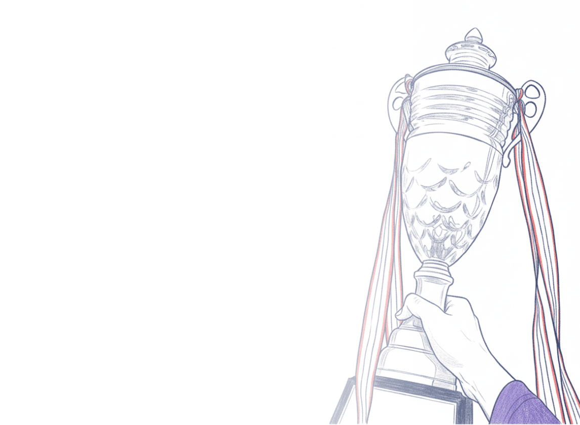 A hand holding a trophy with ribbons, partially in the sketch phase, on a white background.
