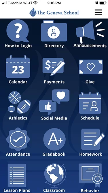 Mobile app home screen for The Geneva School with icons labeled How to Login, Directory, Announcements, Calendar, Payments, Give, Athletics, Social Media, Schedule, Attendance, Gradebook, Homework, Lesson Plans, Classroom, and Behavior.