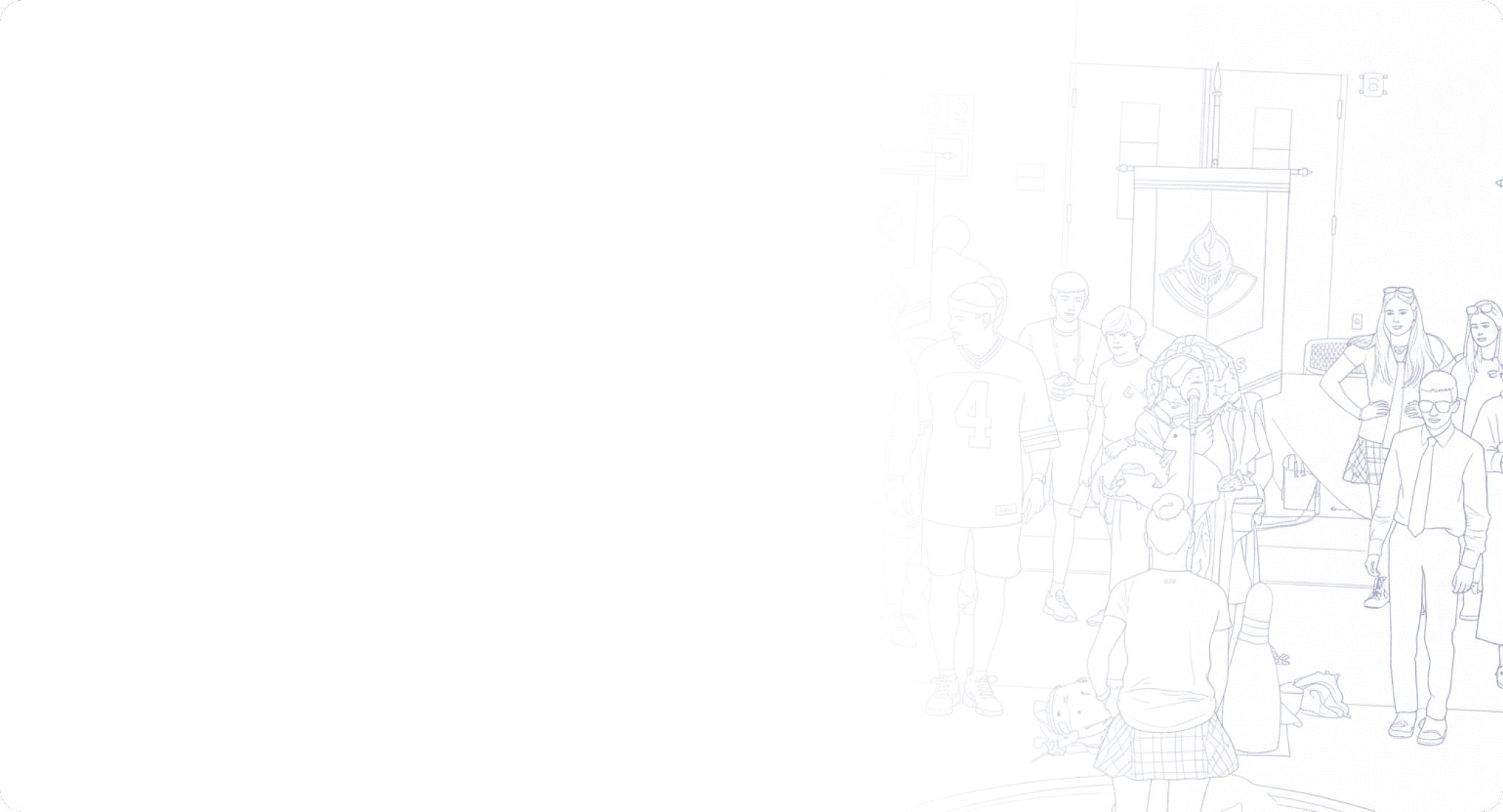 Illustration of a group of young people at a social gathering, standing and chatting indoors, with a banner hanging on the wall behind them.