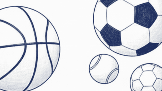 Illustration of various sports balls including a basketball, soccer, tennis, and volleyball.
