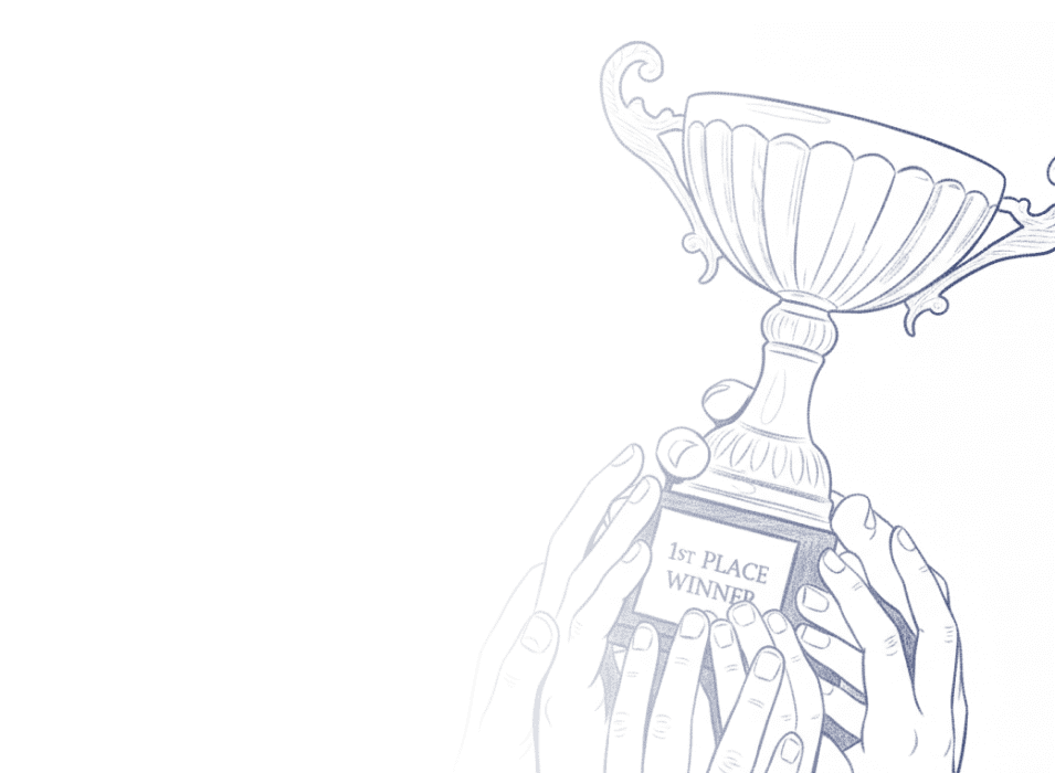 Sketch of hands holding a trophy with a label that reads '1st PLACE WINNER' and a decorative cup on top.