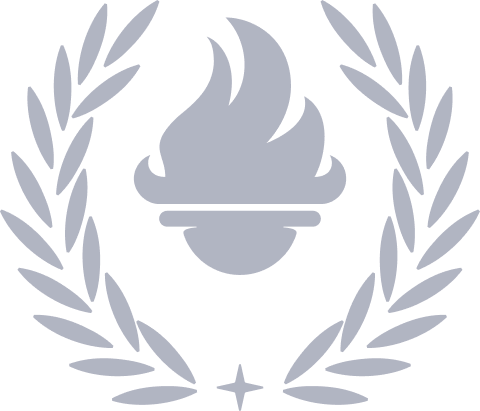 Dark blue torch symbol surrounded by laurel branches