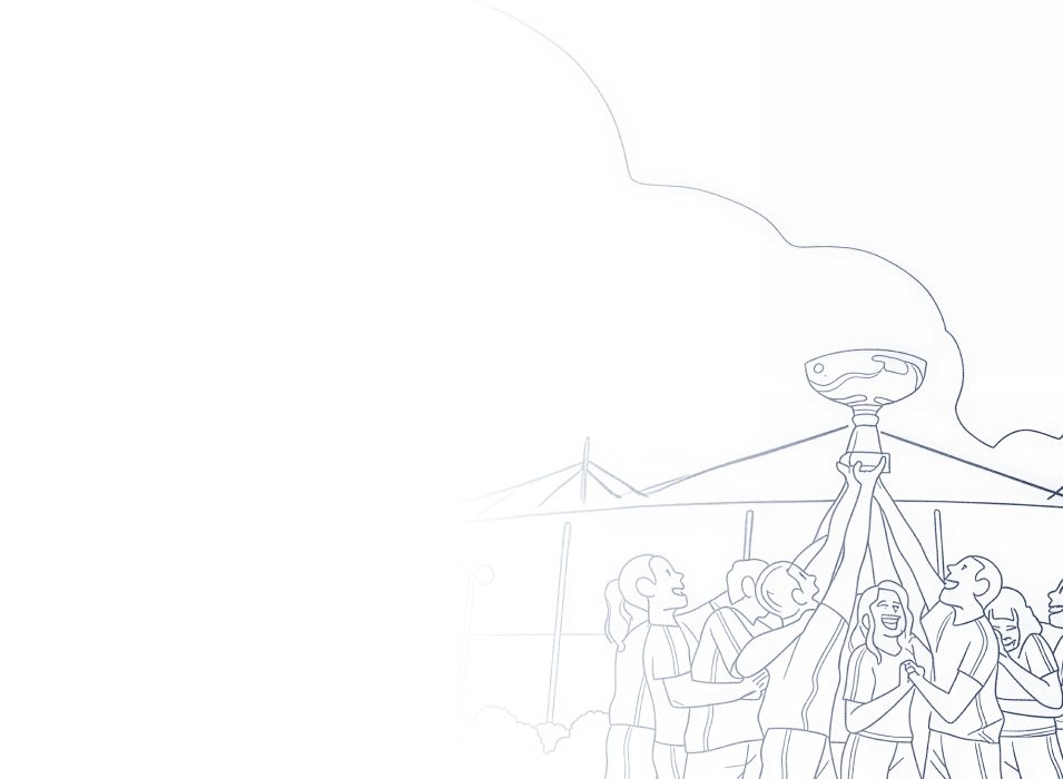 Illustration of a group of people holding a trophy or cup together with a tent and cloudy sky in the background.