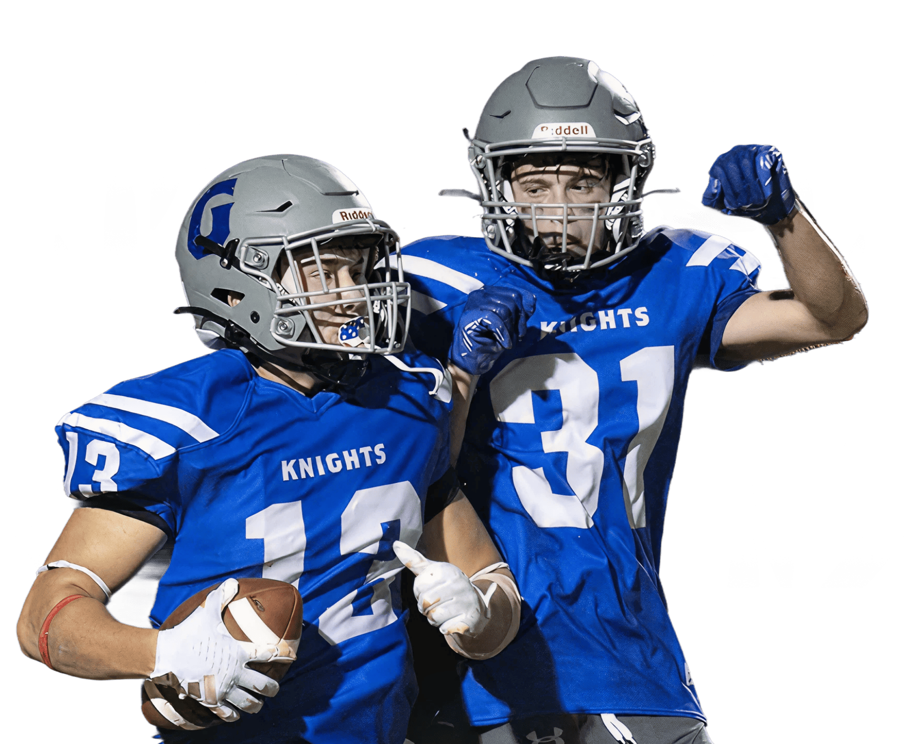 Two American football players from the Knights team celebrating on the field, wearing blue jerseys with white numbers and silver helmets, one holding a football and the other flexing his arm.