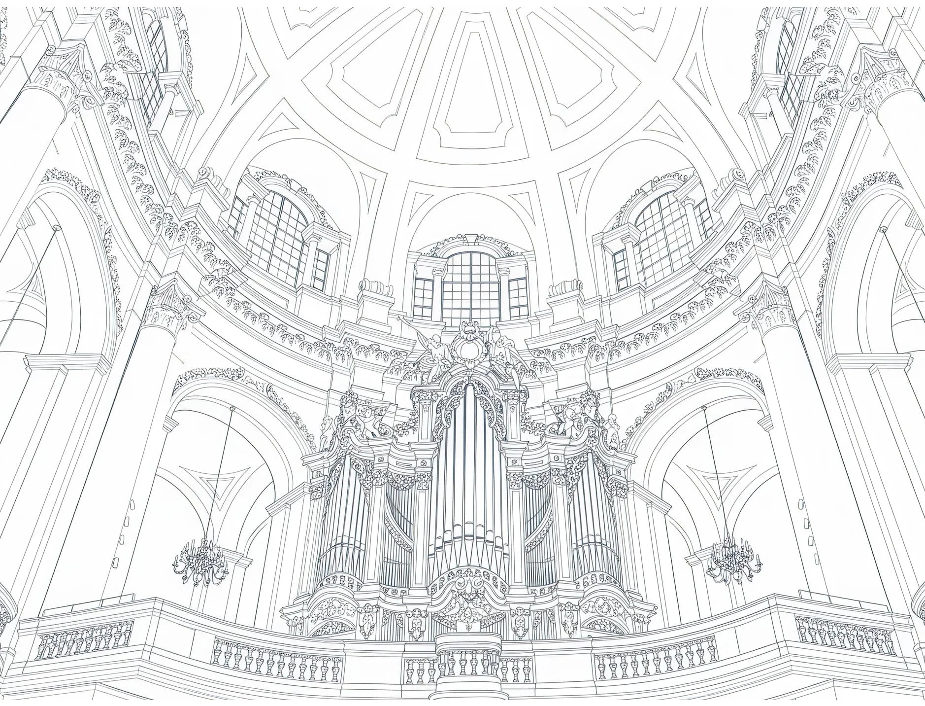 Outline drawing of a lavish, ornate interior of a historic building with large arched windows, decorative moldings, columns, chandeliers, and a high ceiling.