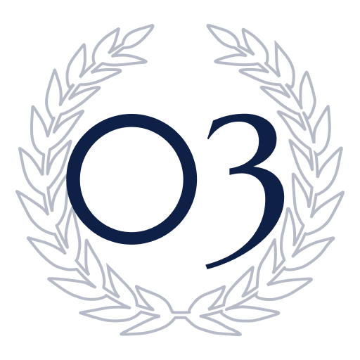 The image features a large dark blue laurel wreath surrounding the text 'O3' in the center, with a black background.