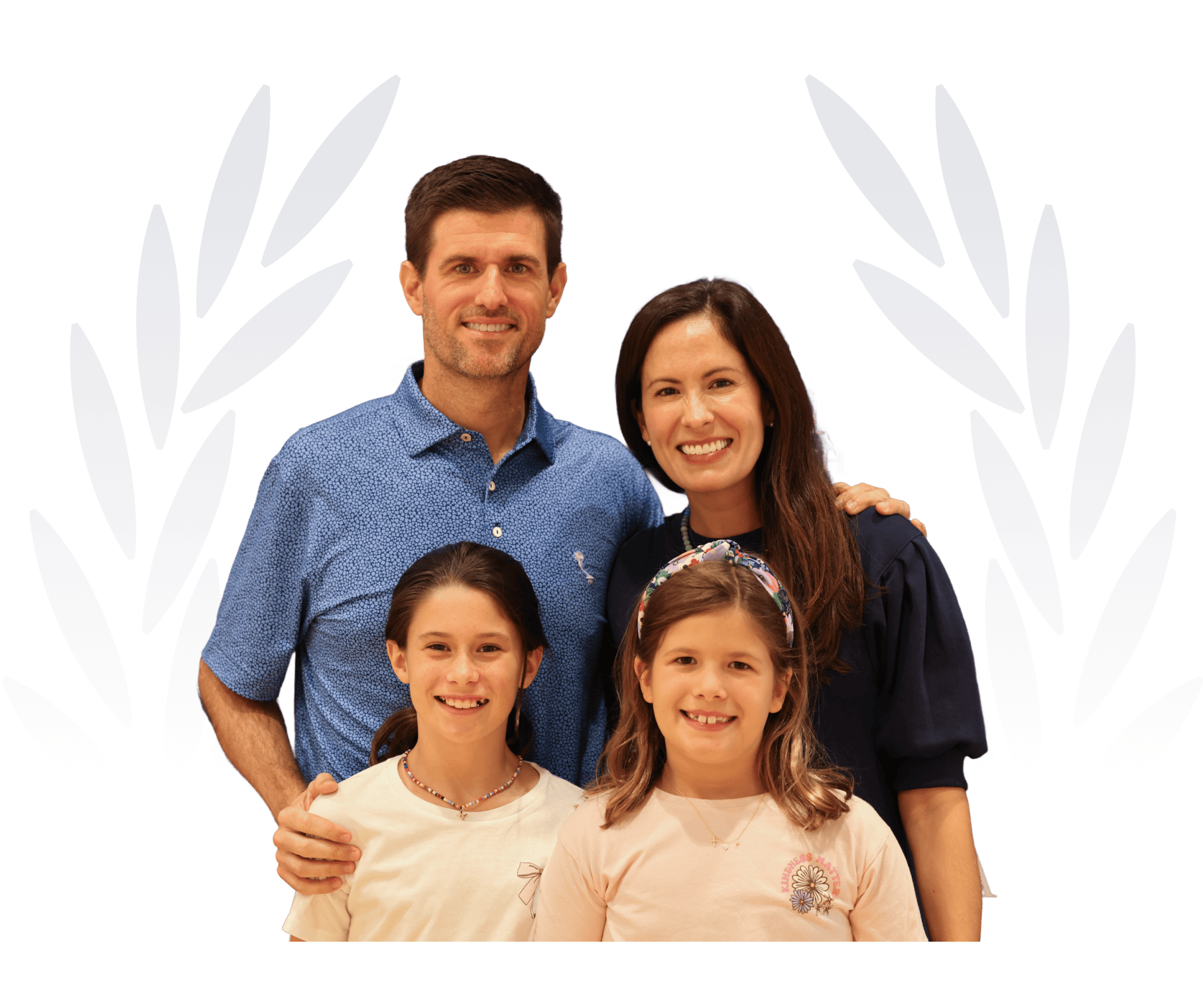A group portrait of family standing together with dark leafy graphics in the background.