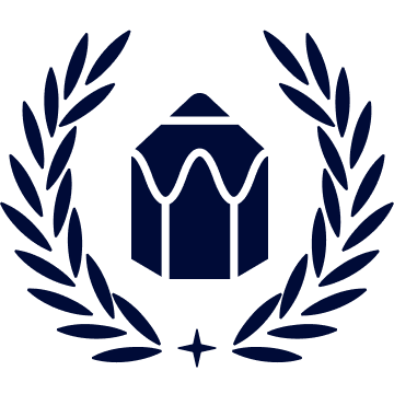 A dark blue emblem featuring a gavel in the center, surrounded by laurel branches, and a star at the bottom.