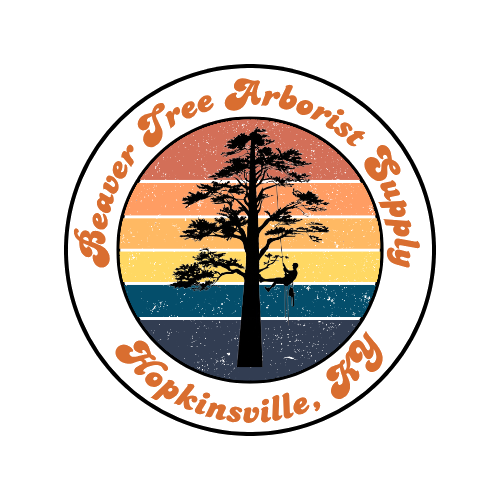 Circular logo with a tree and hammock, with rainbow-colored horizontal stripes in the background. Text reads 'Beaver Tree Arborist Supply, Hopkinsville, KY'.