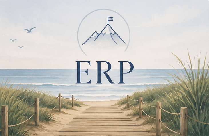 A wooden pathway leading to the beach with sea grass on each side, ocean waves in the background, a cloudy sky, birds flying, a mountain with a flag inside a circle above, and the letters "ERP" in the center.