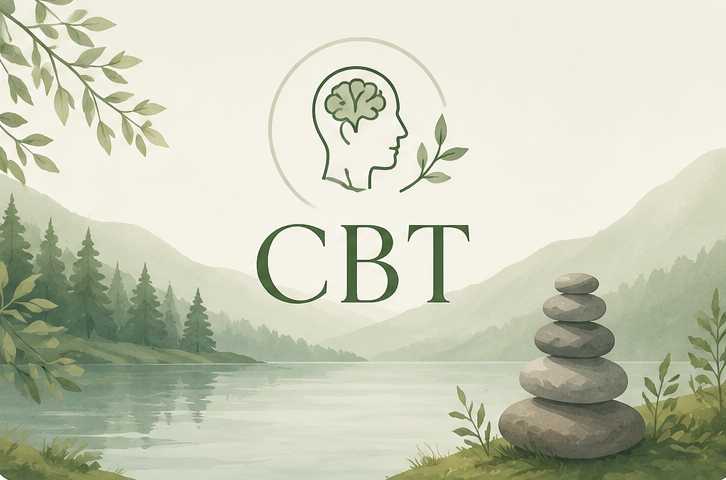 Illustration of a calm lake with mountains and trees in the background, with a logo of a human head with a brain and leaves, and the abbreviation "CBT" likely representing Cognitive Behavioral Therapy, in a soft green color scheme.