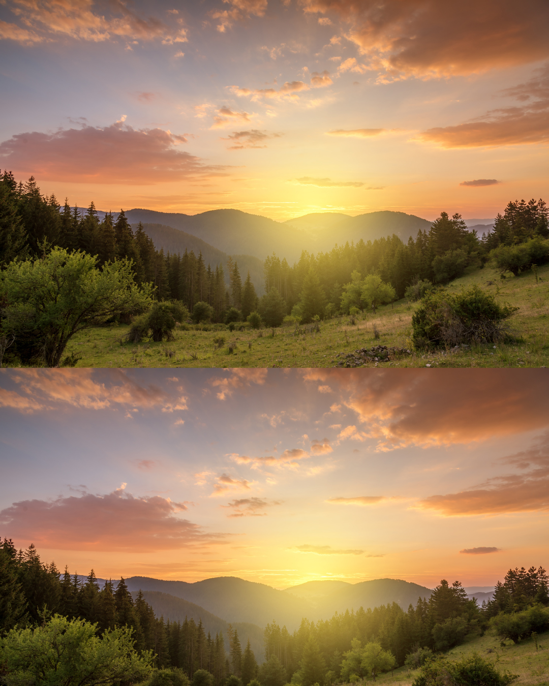Two images of a landscape with mountains, trees, and a sunset, with the second image slightly altered to be more bright and with more color saturation.