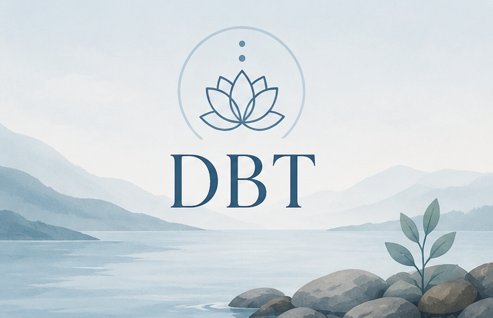 A serene landscape with mountains, water, rocks, and a small plant, featuring a logo with a lotus flower and the letters "DBT" in the center.
