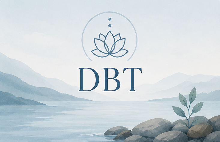Logo with a lotus flower, the letters "DBT," set against a misty mountain landscape with rocks and a plant in the foreground.