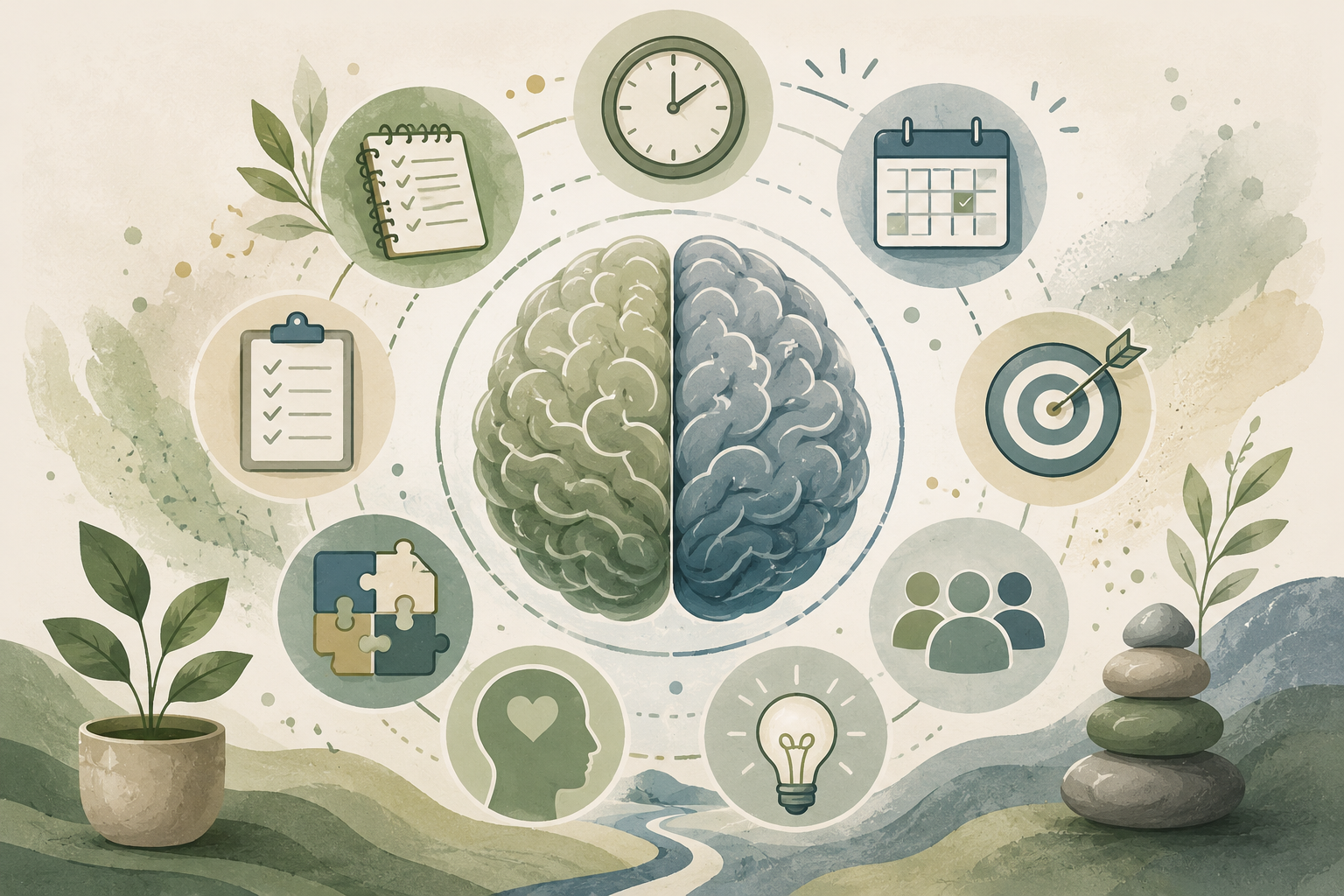 Illustration of a human brain divided into two halves with surrounding icons representing organization, time management, goals, teamwork, mental health, problem solving, and creativity, set against a natural, earthy background with plants and stones.