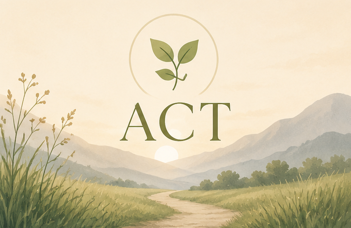 A nature-inspired logo with a leafy symbol and the word ACT, set against a scenic landscape background with mountains, a river, and greenery at sunrise or sunset.