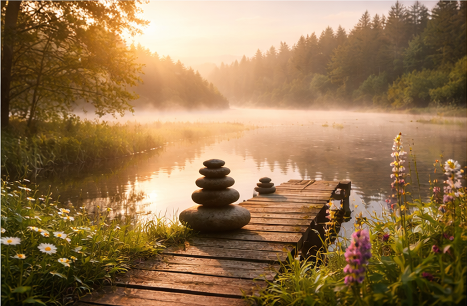 A wooden dock extends over a calm river, with stacked stones on the dock. The river is surrounded by trees and wildflowers, with mist and sunrise creating a peaceful atmosphere.