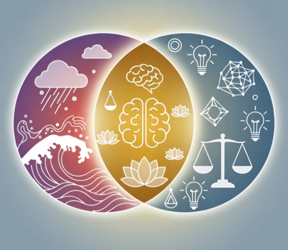Venn diagram with three intersecting circles: a purple circle with ocean waves and rain, a yellow circle with a brain, scales, and lotus flowers, and a blue circle with light bulbs, geometric shapes, and scales, representing logic, emotions, and balance.