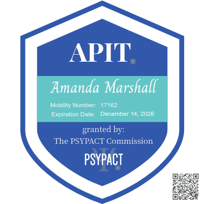 APIT security badge with name Amanda Marshall, mobility number 17162, expiration date December 14, 2026, granted by the PSYPACT Commission, featuring a QR code.