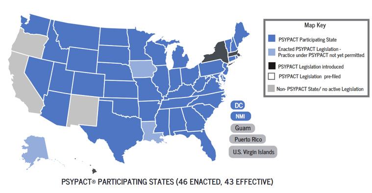 Map of the United States showing 46 states participating in PSYPACT, highlighted in dark blue; 43 states with effective legislation in blue; 3 states with legislation introduced in black; Puerto Rico, Virgin Islands, Guam, and District of Columbia in grey; and non-participating states in light grey.